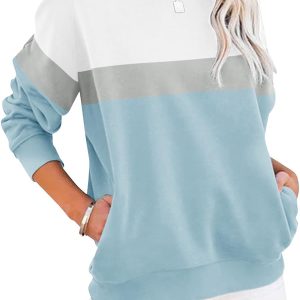 Women Casual Long Sve Color Block/Solid Tops Crewneck Sweatshirts Cute Loose Fit Pullover with Pockets